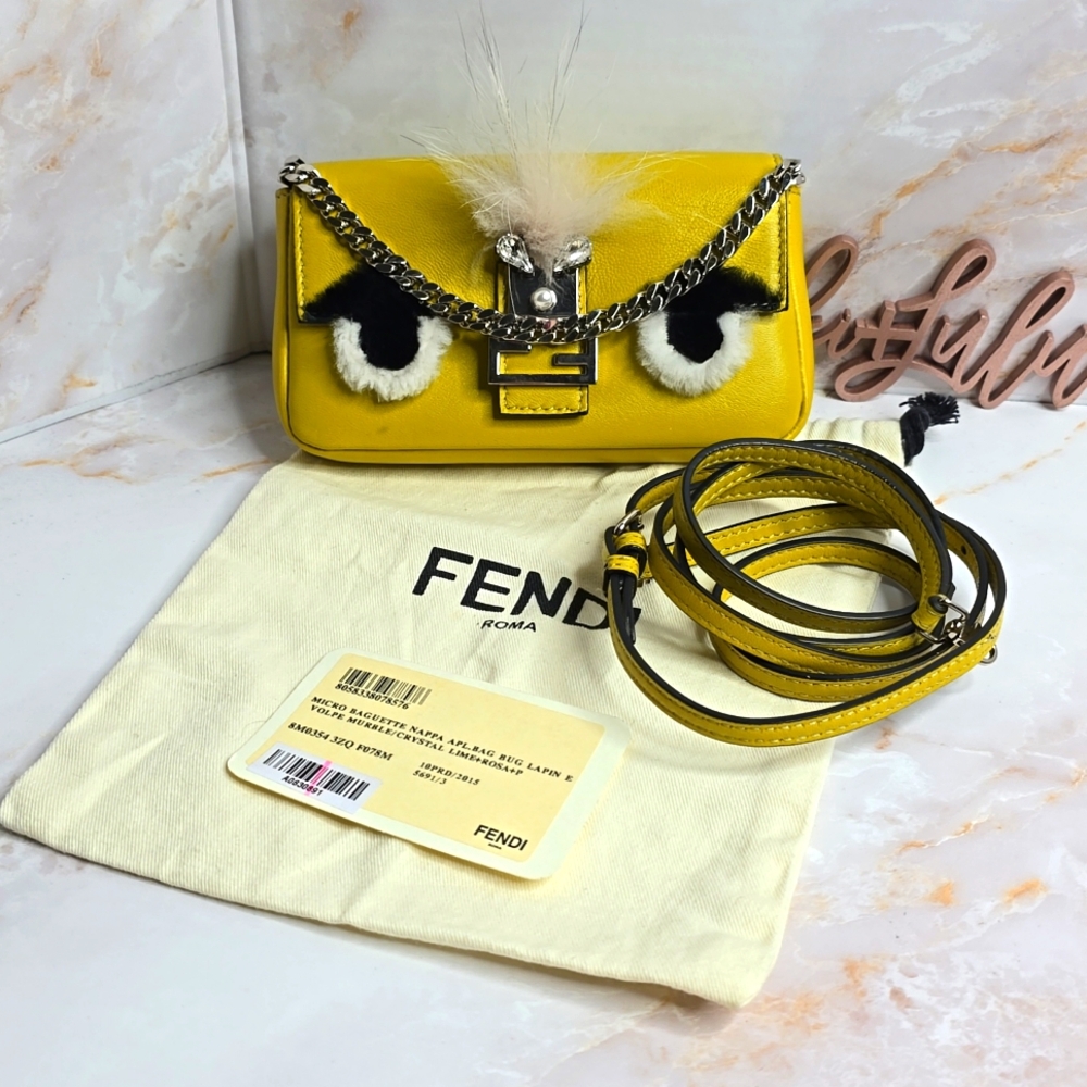 FENDI Lime Lambskin Leather and Fox Fur Micro Buggie Baguette Bag